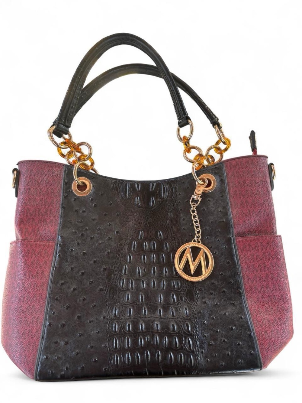 MIA Black and Burgundy Two-Tone Tote with Gold Charm